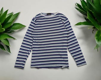 Vintage 80's LE MINOR Striped Long Sleeve T-Shirt Vintage Single Stitches Grunge Kurt Cobain Style Tee Blue Women Size Small