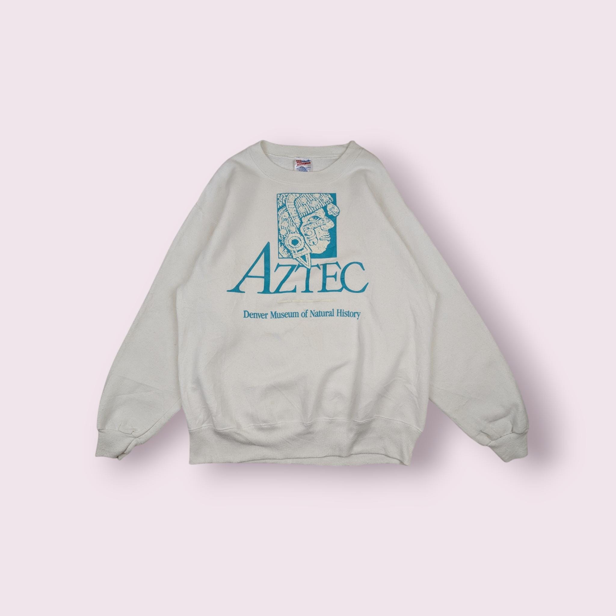Vintage 90's AZTEC Warrior Tribe Denver Museum Jumper Vintage Aztec Sweatshirt Vintage Hanes Pullover Denver Sweater Milky White Size Large