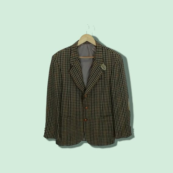 Crombie, Vintage 90's CROMBIE Mitsumine Check Coat Wool Blazer Smart Formal Suit Scotland Lamb Wool Brown Size Medium