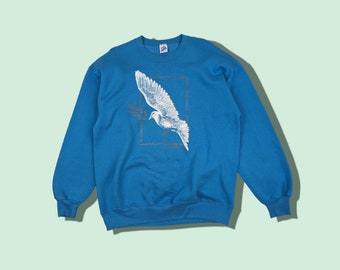 Vintage 90er Jahre Adler Tier Grafik Pullover Pullover Adler Hawk Sweatshirt Jerzees Rundhalsausschnitt Blau Größe L