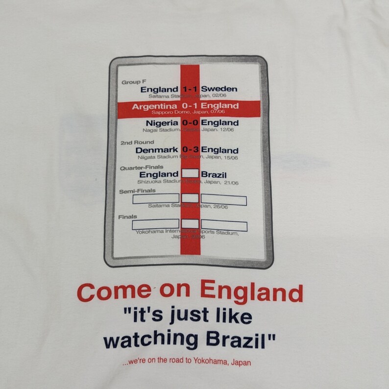 May include: White t-shirt with a graphic of a tournament bracket for the 2002 FIFA World Cup. The bracket shows England's progress through the tournament, culminating in a final match against Brazil. The text "Come on England" and "it's just like watching Brazil" is printed below the bracket.