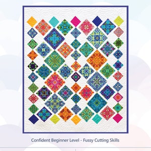 May include: A colorful quilt pattern called "Festive Tiles" with a white background and a variety of colorful diamond-shaped tiles. The quilt is 57 inches by 68 inches and is a confident beginner level project with fussy cutting skills.