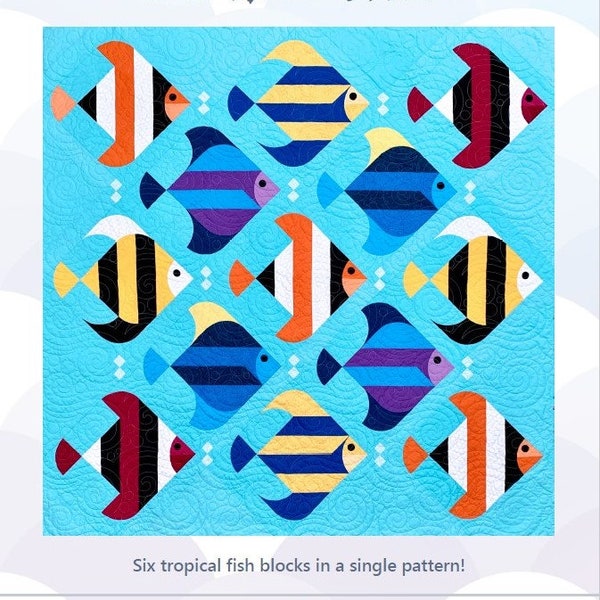 Swim School Quilt Pattern - PDF Digital Throw Size Modern Tropical Fish Beach Ocean Animals