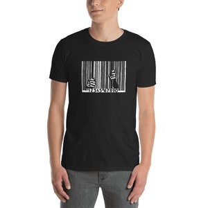 May include: Black t-shirt with a white barcode design. The barcode includes the numbers "1234567890" and two stylized figures. The shirt is made of a soft material.
