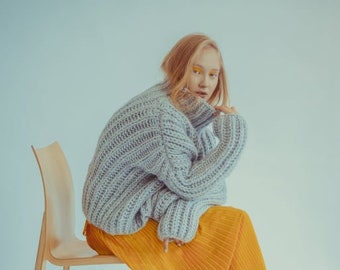 Oversized cozy turtle neck sweater hand knitted from merino and alpaca wool mix availabe in multiple colors and sizes, Plus size sweater