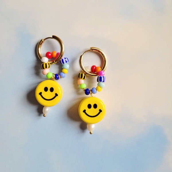 Smiley beaded golden hoop earrings