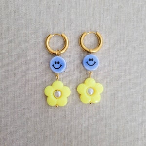 Happy Spring blue and yellow hoop earrings | Dangle earrings | Smiley | Retro | Gifts for Her