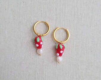 Lampwork red strawberry pendant and freshwater pearls hoop earrings