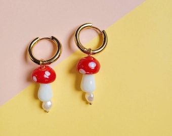 Red lampwork mushroom pendant golden hoop earrings