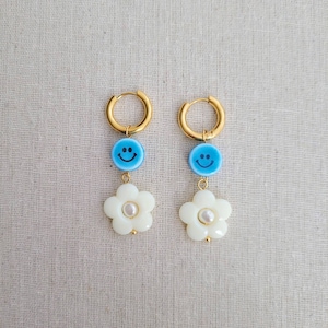 Happy Spring blue and white hoop earrings