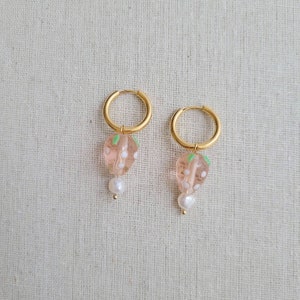 Lampwork pink strawberry pendant and freshwater pearls hoop earrings