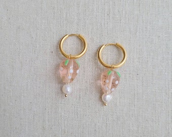 Lampwork pink strawberry pendant and freshwater pearls hoop earrings