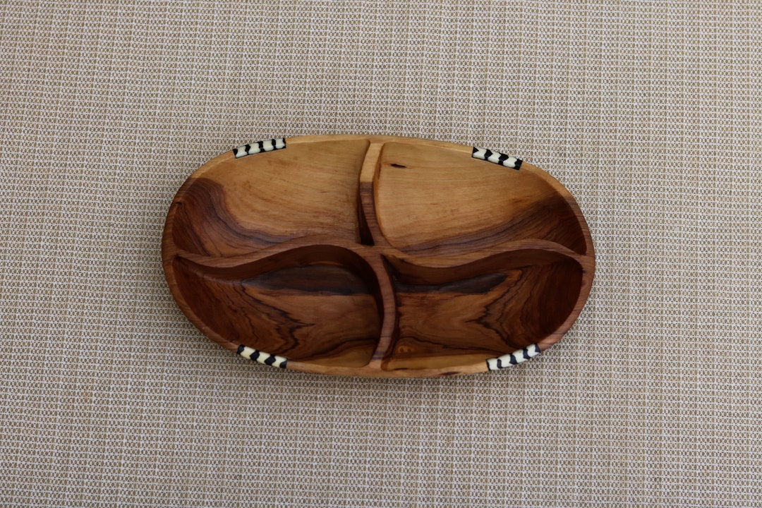 Divided Snack Bowl, Olive Wood Bowl, Salad Serving Bowl, Handcarved