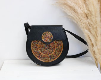 African Leather Bag, Vegan Leather Bag, Beaded Crossbody Bag, Sling Bag, Round tote bag, Shoulder bag, Gift for her, Christmas Gift for Mom