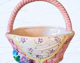 CERAMIC Easter Basket for Floral Arrangements,Featuring Colorful Eggs and a Pink Handle. Springʻ Planter