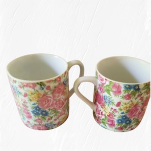 Vintage Floral Chintz Mugs Set of 2, Broken China Mosaic Jewelry, Craft Supply, Pink Blue Rose Porcelain Cups