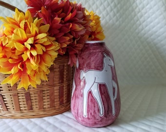 Vintage ELA Monsen Oslo Studio Pottery Vase, Hand-Painted Reindeer Fawn, Norway