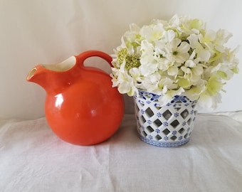 Rum Rill 547, Orange Ball Pitcher with ice lip, Pretty Table Pitcher, Flower Vase, Accent Piece, Match Merry Mushrooms, Bright Gift for Her