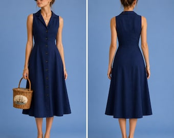 Vintage Button Button Closure Linen Dress, Midi, Sleeveless, A-line, Casual Corner