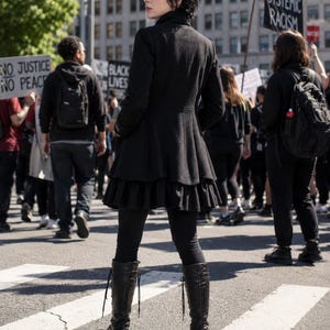May include: A person wearing a black coat with a ruffled skirt, black leggings, and black boots stands on a crosswalk. Protesters with signs are in the background. Signs read "No Justice No Peace" and "End Systemic Racism."