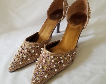 Glamorous Beaded Ladies Pumps, Sequins, beads, on Brocade fabric, Worn Once, Size 8, Gorgeous Accessory for Swans, Posh 60s NYC look