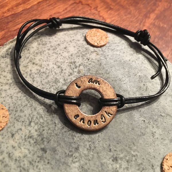 I am enough hand stamped washer bracelet