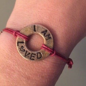 I AM LOVED bronze washer bracelet/ adjustable/ hand stamped/ inspirational/ gift for her/ gift for him/ birthday/ anniversary image 1