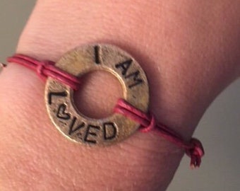 I AM LOVED bronze washer bracelet/ adjustable/ hand stamped/ inspirational/ gift for her/ gift for him/ birthday/ anniversary