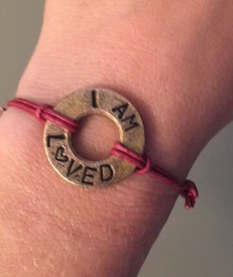 I AM LOVED bronze washer bracelet/ adjustable/ hand stamped/ inspirational/ gift for her/ gift for him/ birthday/ anniversary image 1