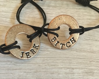 Supernatural "Bitch" "Jerk" matching bracelets/friendship bracelets/hand stamped/custom/fandom/gift for friends