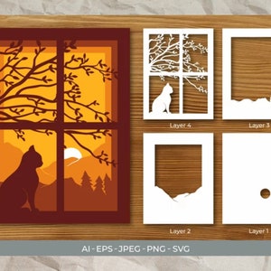 Kat in een raam, 3D-papercut schaduwdoos, 3D gelaagde SVG-schaduwdoos, Cricut Paper Craft, kat SVG, kunst aan de muur, muurdecoratie, kattenkunst, kattenkunst