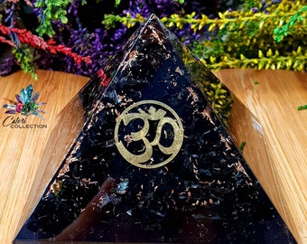 Large Black Tourmaline Orgone Pyramid With Copper Shavings and OM Symbol|Spiritual|Crystals|Manifestation|Crystals|Handmade