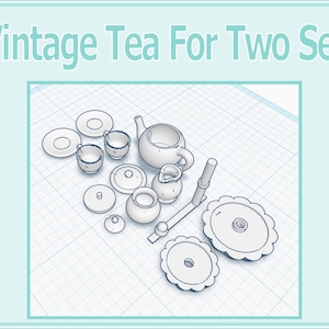 May include: A vintage tea set for two, featuring a teapot, two teacups, two saucers, a creamer, a sugar bowl, and a two-tiered serving stand. The set is made of white ceramic with a delicate floral design.