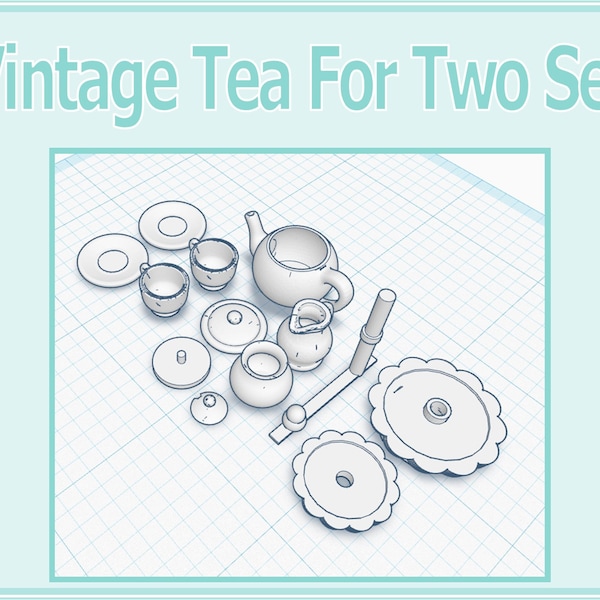 1:12 Dollhouse Tea For Two Set, Teapot, Tiered Dessert, Saucers, Cups, Creamer, Sugar Bowl, 3D Print File STL Instant Download All Scales