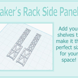 May include: Two white side panels for a baker's rack. The panels are made of wood and have a simple design with a grid pattern. The panels are shown on a grid background. "Add your shelves to make it the perfect size for your space!"