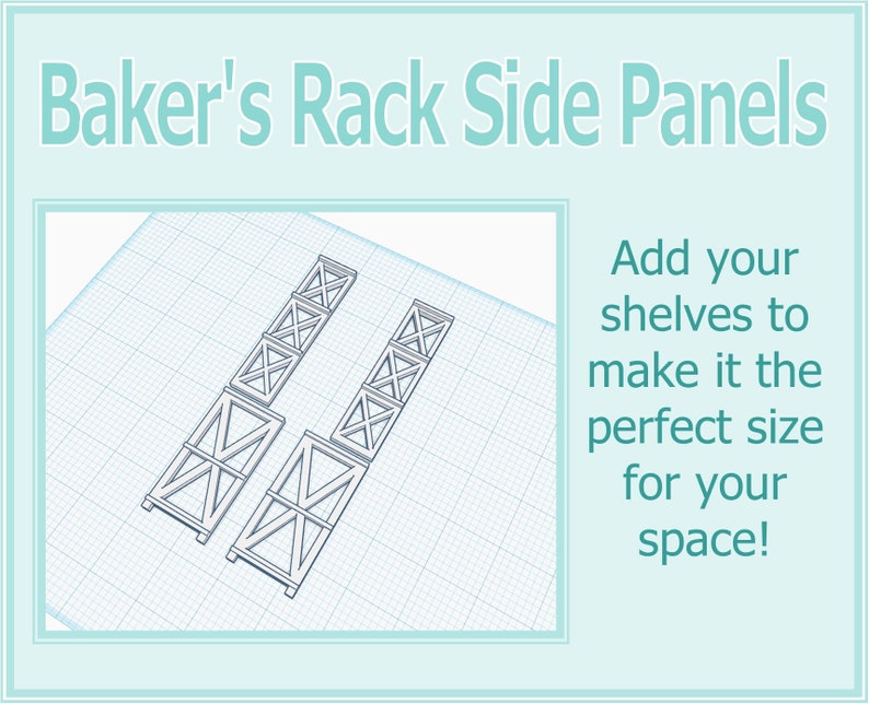 May include: Two white side panels for a baker's rack. The panels are made of wood and have a simple design with a grid pattern. The panels are shown on a grid background. "Add your shelves to make it the perfect size for your space!"