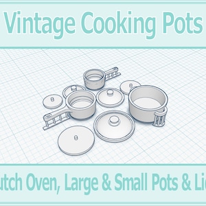 May include: A set of vintage cooking pots, including a Dutch oven, a large pot, a small pot, and lids. The pots are made of metal and have a silver finish. The lids are also made of metal and have a silver finish.