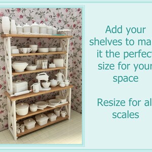 May include: White wooden shelving unit with five shelves, filled with white dishes, kitchenware, and other items. The shelves are against a floral wallpaper background. Add your shelves to make it the perfect size for your space. Resize for all scales.