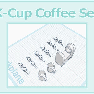 May include: A 3D printed model of a K-Cup coffee maker with multiple K-Cups and two coffee mugs. The model is printed in white and is sitting on a blue grid.