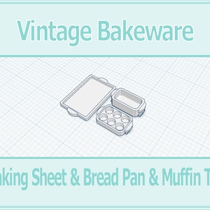 May include: Vintage bakeware set including a baking sheet, bread pan, and muffin tin. The set is made of metal and has a silver finish.