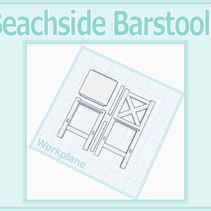 Op de afbeelding: Een blauwdruk ontwerp van een barstoel met een vierkante zitting en een kruisvormige rugleuning. Het ontwerp is gelabeld "Workplane" en is getekend op een geruit achtergrond.