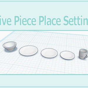 May include: A five-piece place setting with a white bowl, three white plates, and a white mug.