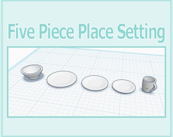 1:12 Dollhouse Five Piece Place Setting 3D Print File STL Instant Download All Scales Plates, Bowl, Cup, Mug