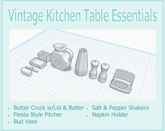 May include: A 3D rendering of a vintage kitchen table setting with a butter crock, butter knife, pitcher, bud vase, salt and pepper shakers, and a napkin holder. The text "Vintage Kitchen Table Essentials" is at the top of the image.