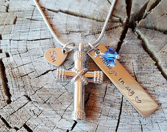 Personalized Cross Cremation Jewelry for Ashes, Urn Necklaces for Ashes,  Custom Hand Stamp Always In My Heart with Swarovski Birthstone