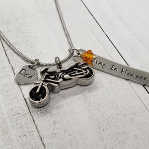 Personalized Bike Cremation Jewelry for Ashes, Motorcycle Urn Necklace, Custom Hand Stamp Always In My Heart with Swarovski Birthstone