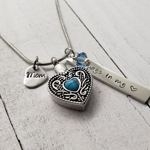 Personalized Vintage Turquoise Heart Cremation Jewelry for Ashes, Urn Necklaces for Ashes, Always In My Heart with Swarovski Birthstone