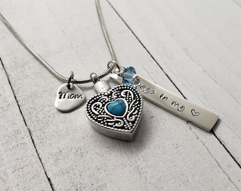 Personalized Vintage Turquoise Heart Cremation Jewelry for Ashes, Urn Necklaces for Ashes, Always In My Heart with Swarovski Birthstone