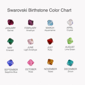 K&ouml;nnte beinhalten: Eine Tabelle, die die Swarovski-Geburtsstein-Farben f&uuml;r jeden Monat des Jahres zeigt. Die Tabelle zeigt f&uuml;r jeden Monat einen kleinen Kristall, wobei der Monat und der Name des Geburtssteins unter jedem Kristall aufgef&uuml;hrt sind.