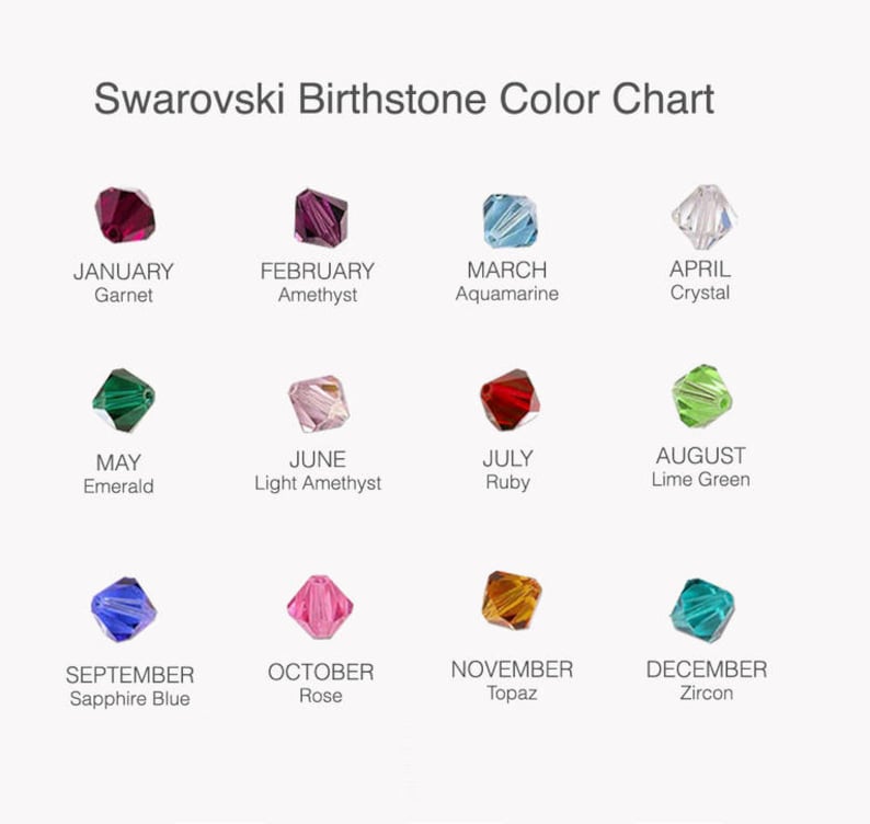 K&ouml;nnte beinhalten: Eine Tabelle, die die Swarovski-Geburtsstein-Farben f&uuml;r jeden Monat des Jahres zeigt. Die Tabelle zeigt f&uuml;r jeden Monat einen kleinen Kristall, wobei der Monat und der Name des Geburtssteins unter jedem Kristall aufgef&uuml;hrt sind.